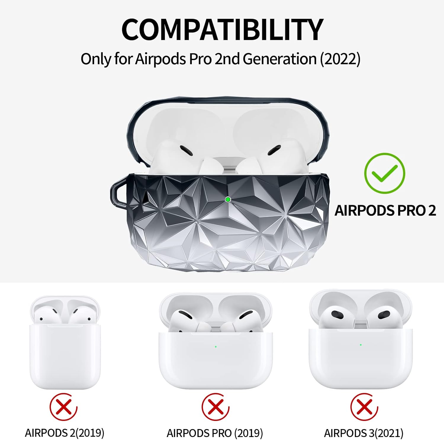 CAGOS Funda protectora para Airpods Pro 2, bonita funda protectora con forma de diamante de lujo para Airpods Pro de 2 generación 2022 con cordón y