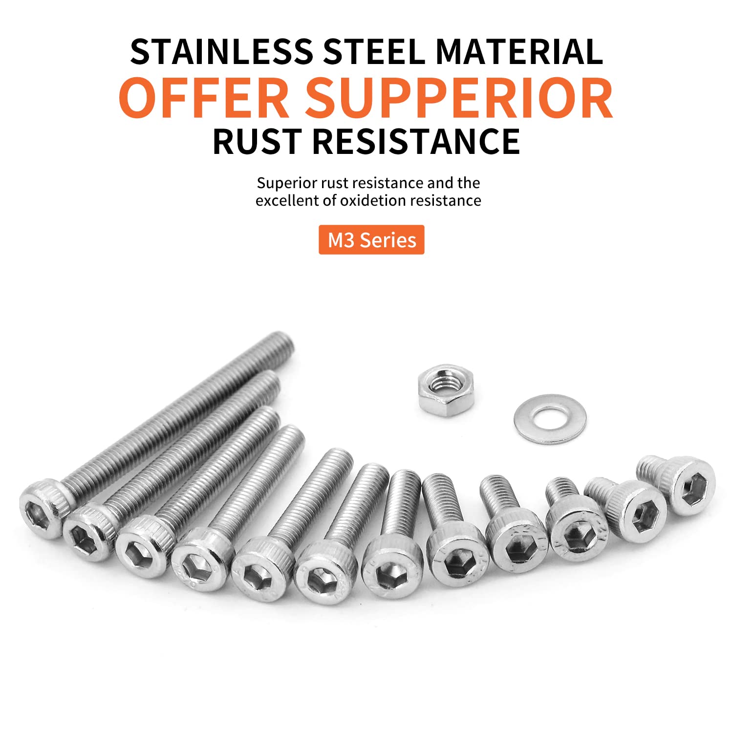 Juego de 1310 tornillos de cabeza hexagonal M3 x 4568101214161820251.181 in, tornillos y tuercas planas, arandelas planas, acero inoxidable 304,