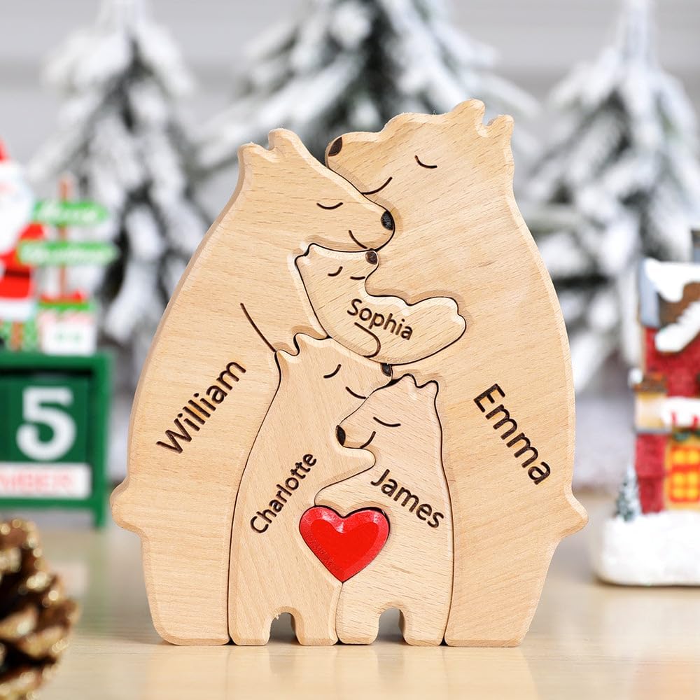 Rompecabezas de oso de madera personalizado con nombre de familia de 1 a 8, escultura de nombre de familia, ideal para Navidad, cumpleaños,