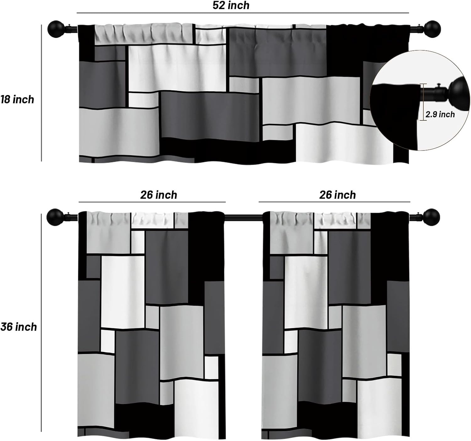 FYATHM Juego de 3 cortinas de cocina color negro y gris para ventanas, cenefa y juego de niveles de 36 pulgadas, moderno con bolsillo para barra,
