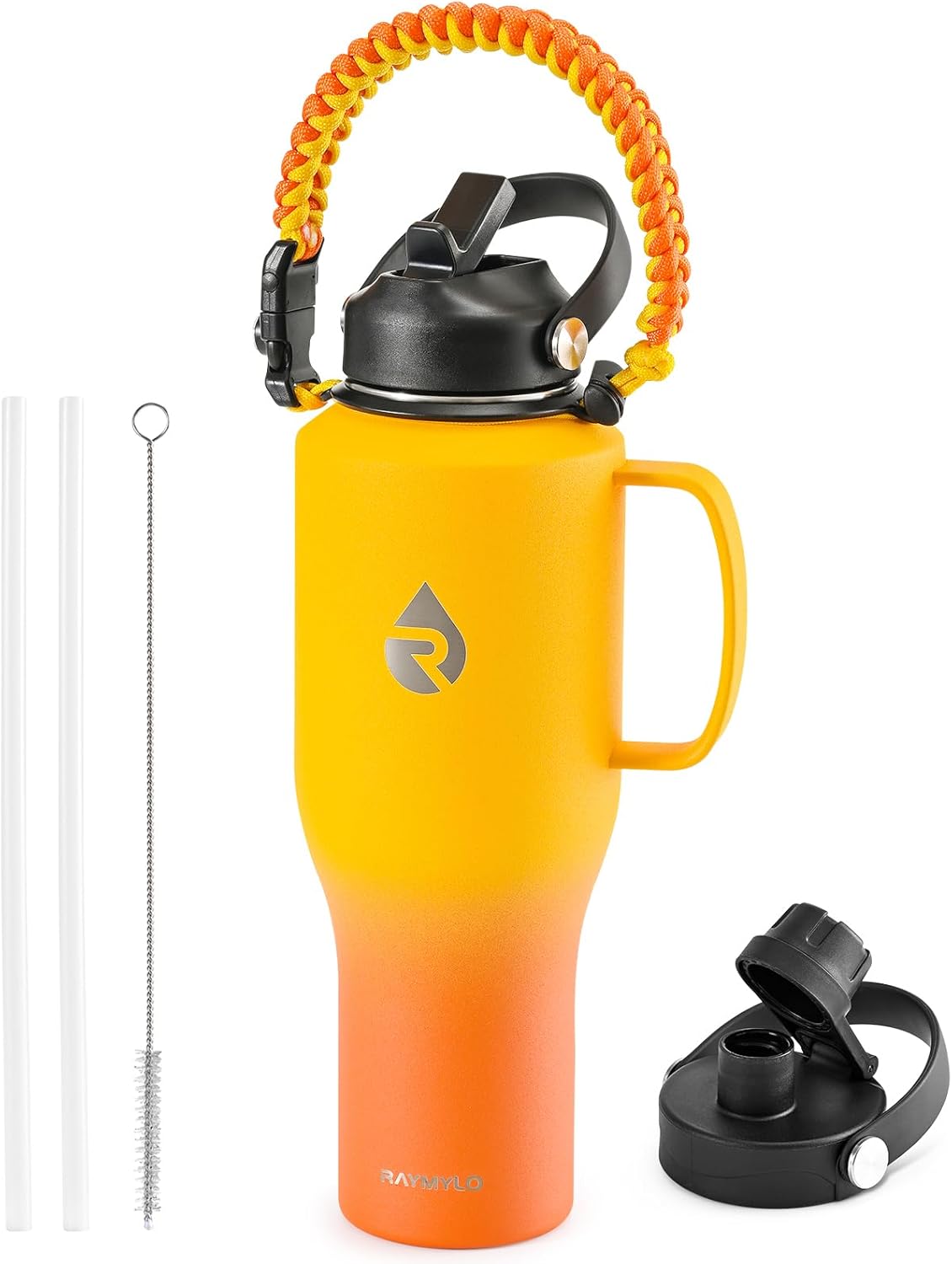 Botella de agua de 40 onzas, vasos aislados con asa, tapa de popote y mango de paracaídas, triple pared al vacío, acero inoxidable de grado