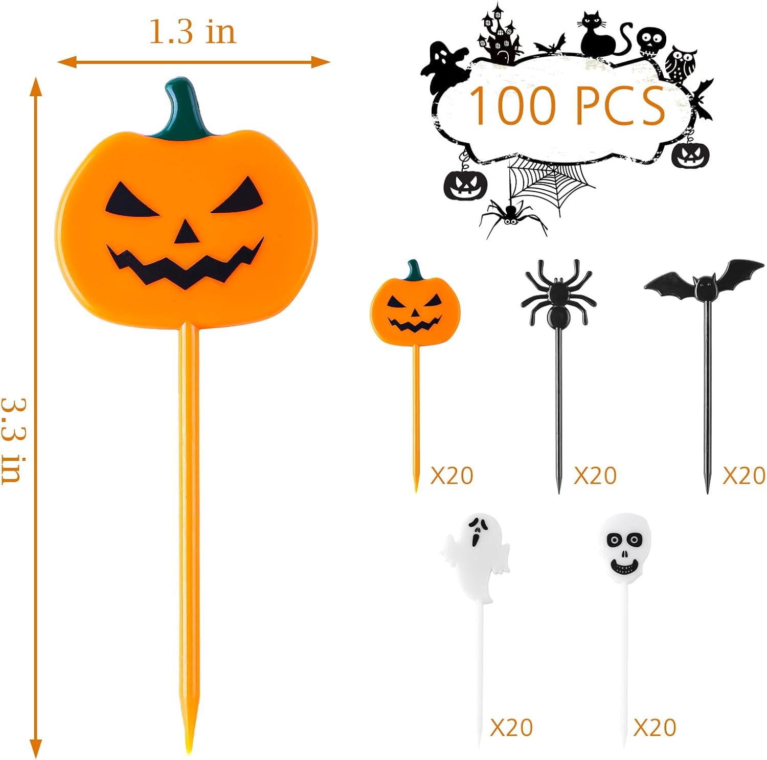 100 palillos de dientes de plástico para Halloween, decoración de cupcakes, decoración de tartas, para aperitivos de frutas, suministros de fiesta