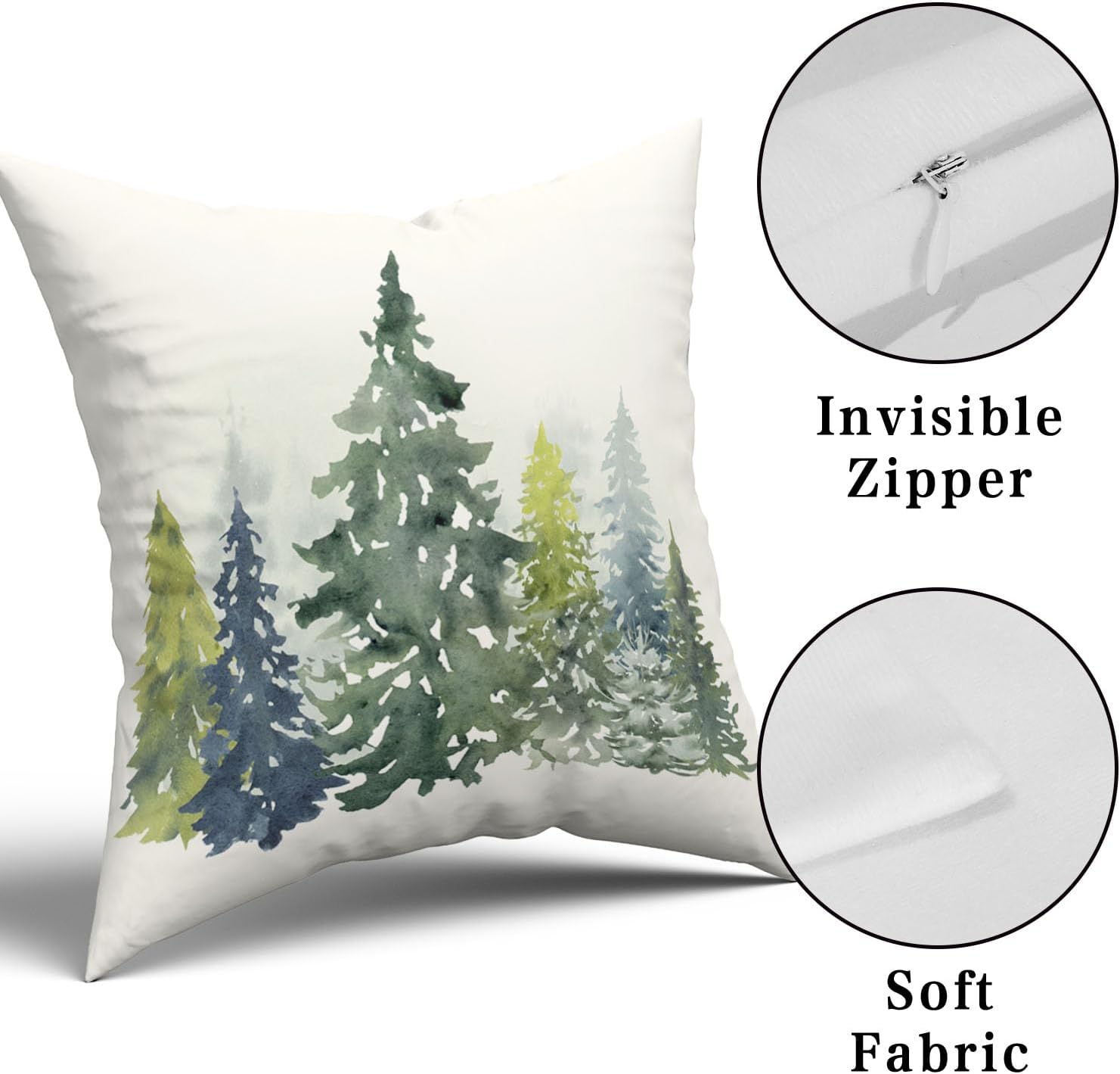Juego de 4 fundas de almohada con diseño de árbol de Navidad en acuarela, rústico, naturaleza, bosque, azul y verde, decoración de pino, primavera,