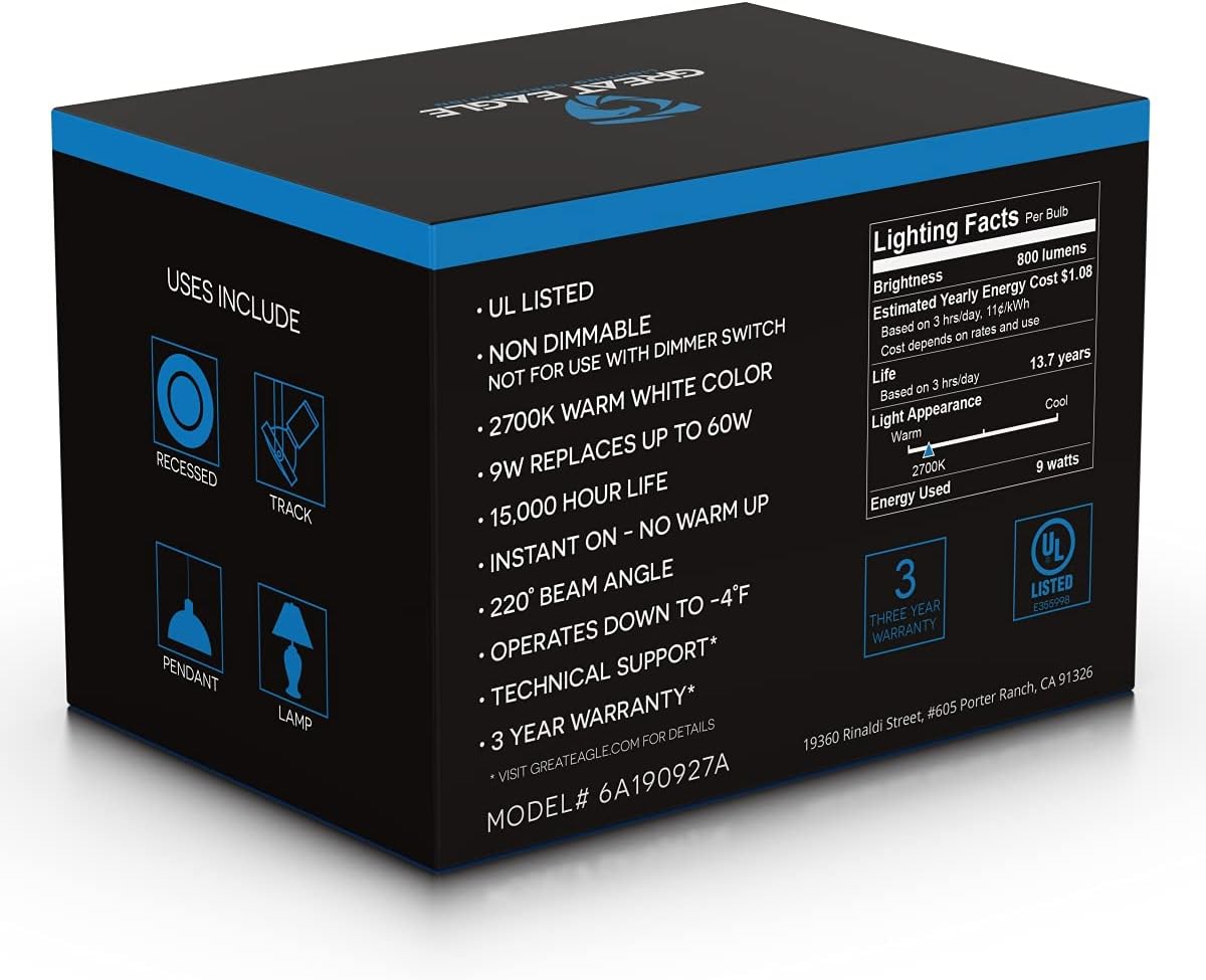 Great Eagle Lighting Corporation – Bombilla LED A19, 9 W (equivalente a 60 W), certificación UL, 2700 K (blanco cálido), 800 lúmenes, no regulable,