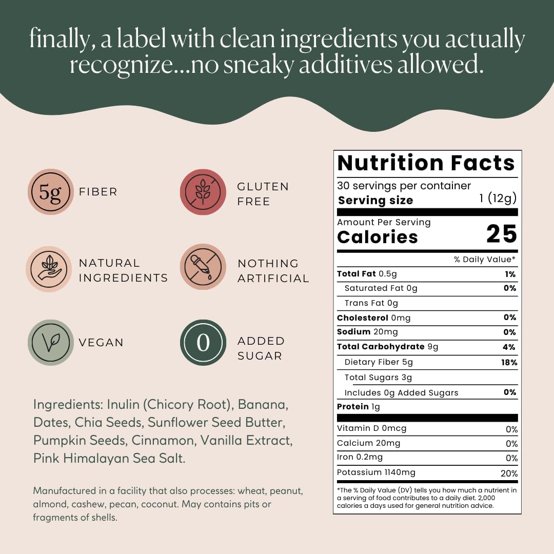 Suplemento de fibra  0.18 oz de mordida diaria de fibra  Apoya la regularidad, la digestión y la salud intestinal  Todos los ingredientes naturales,