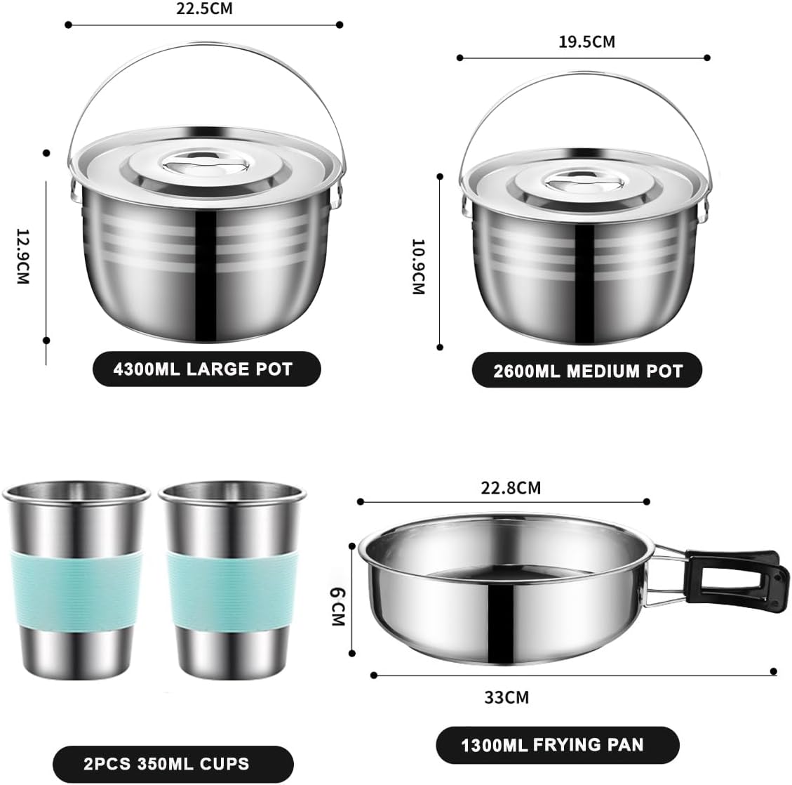 Juego de utensilios de cocina para acampar, juego de cocina de acero inoxidable 304, juego de ollas y sartenes para acampar con soplos, tazas,
