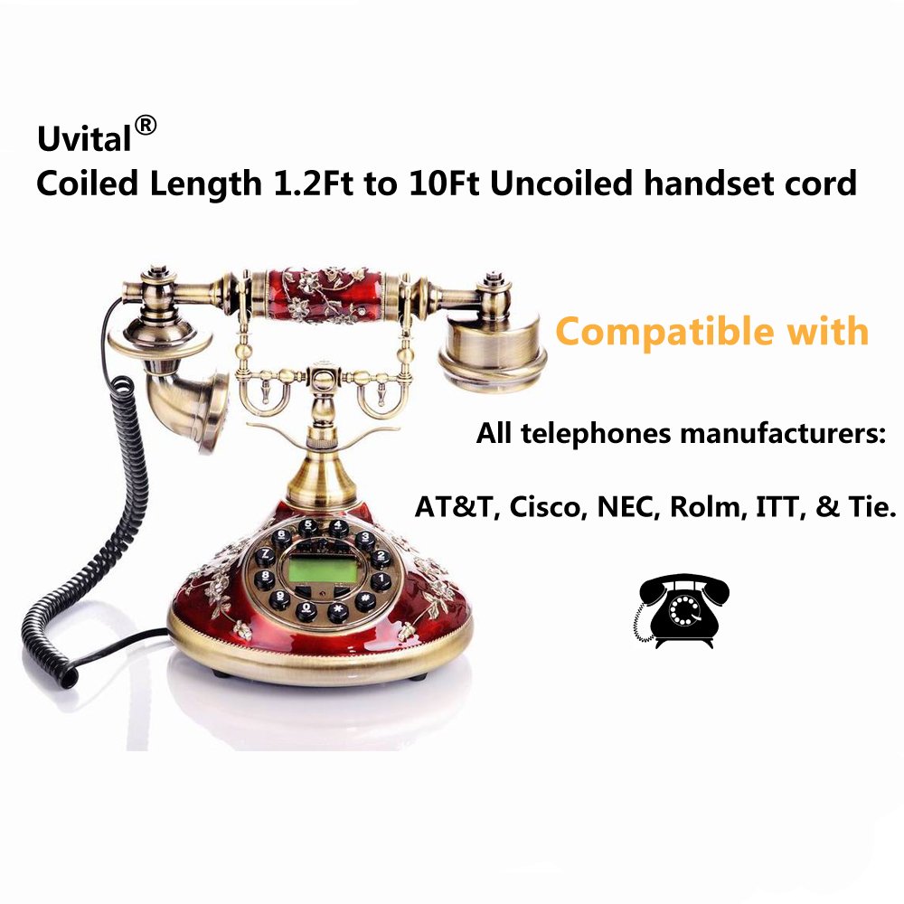 Uvital Desenredadores de cable para teléfono celular, paquete de 2 cables de teléfono fijo de 10 pies sin enrollar (1.2 pies en espiral) y 2 cables
