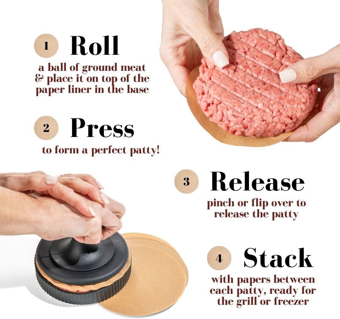 Hamburguesa Prensa para hacer hamburguesas con 100 papeles sin blanquear, prensa de hamburguesa para hamburguesas perfectas de 4.5-6 pulgadas, molde