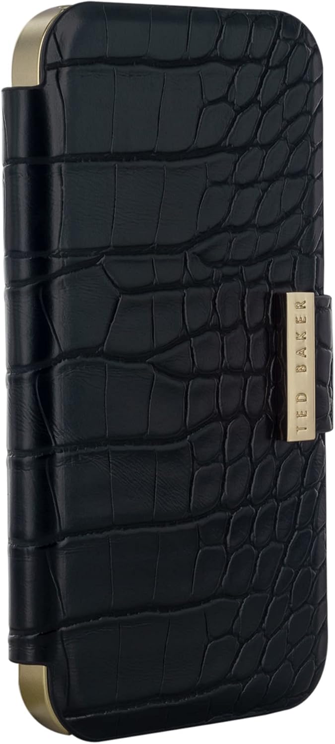 Ted Baker KHAILS Negro Croc doble ranura para tarjeta espejo Folio teléfono caso para iPhone 14 Pro Gold Shell