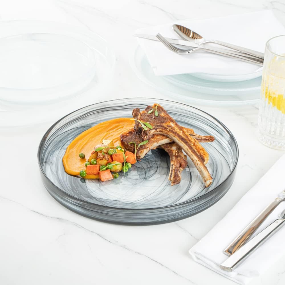 Restaurantware Vetri – Platos de vidrio de 11 x 11 x 1.2 pulgadas, 6 platos únicos y duraderos  Vajilla de alabastro de vidrio negro lavable con