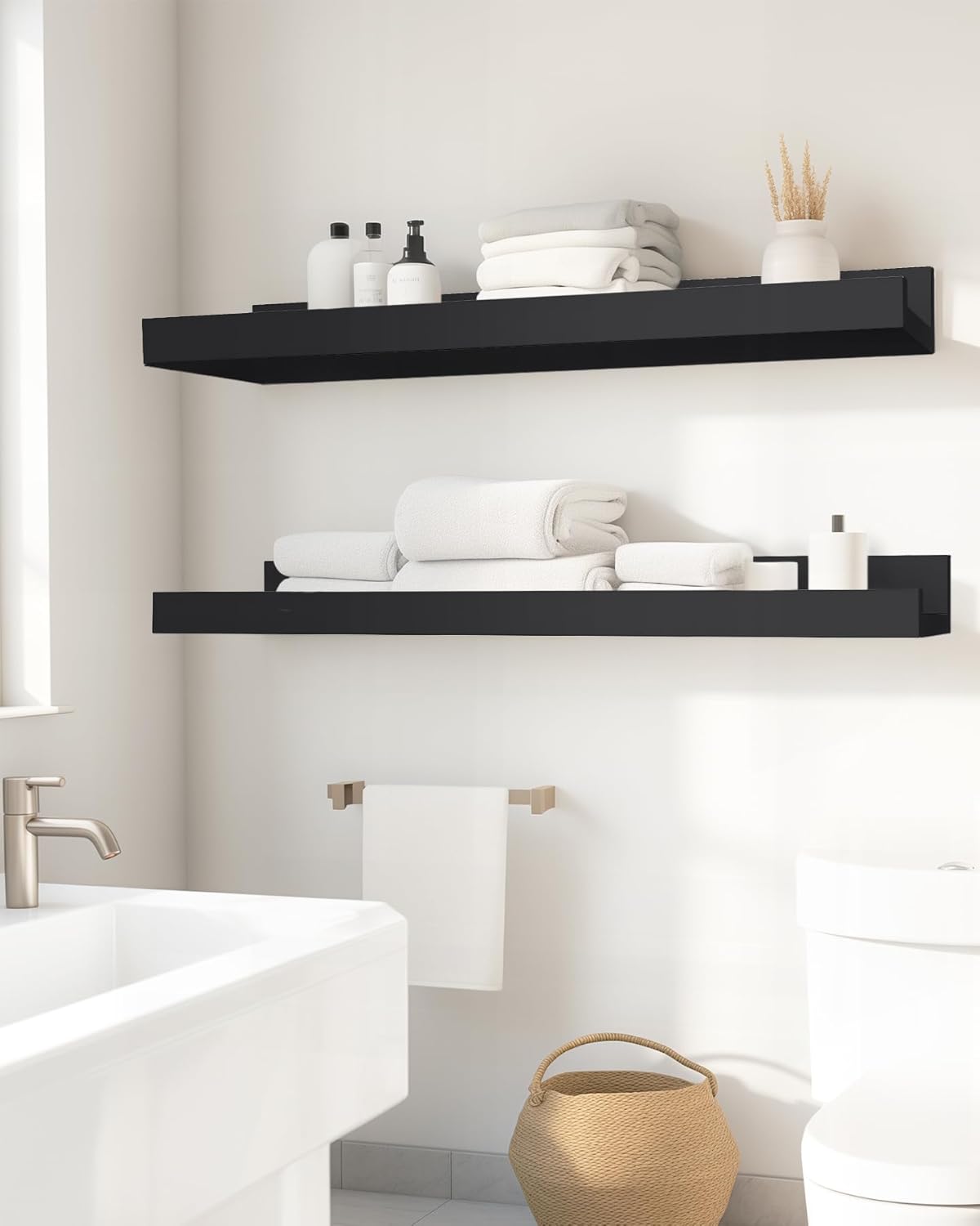 Estantes flotantes pequeños de 16 pulgadas para almacenamiento de decoración de pared, juego de 2, madera para dormitorio, sala de estar, baño,
