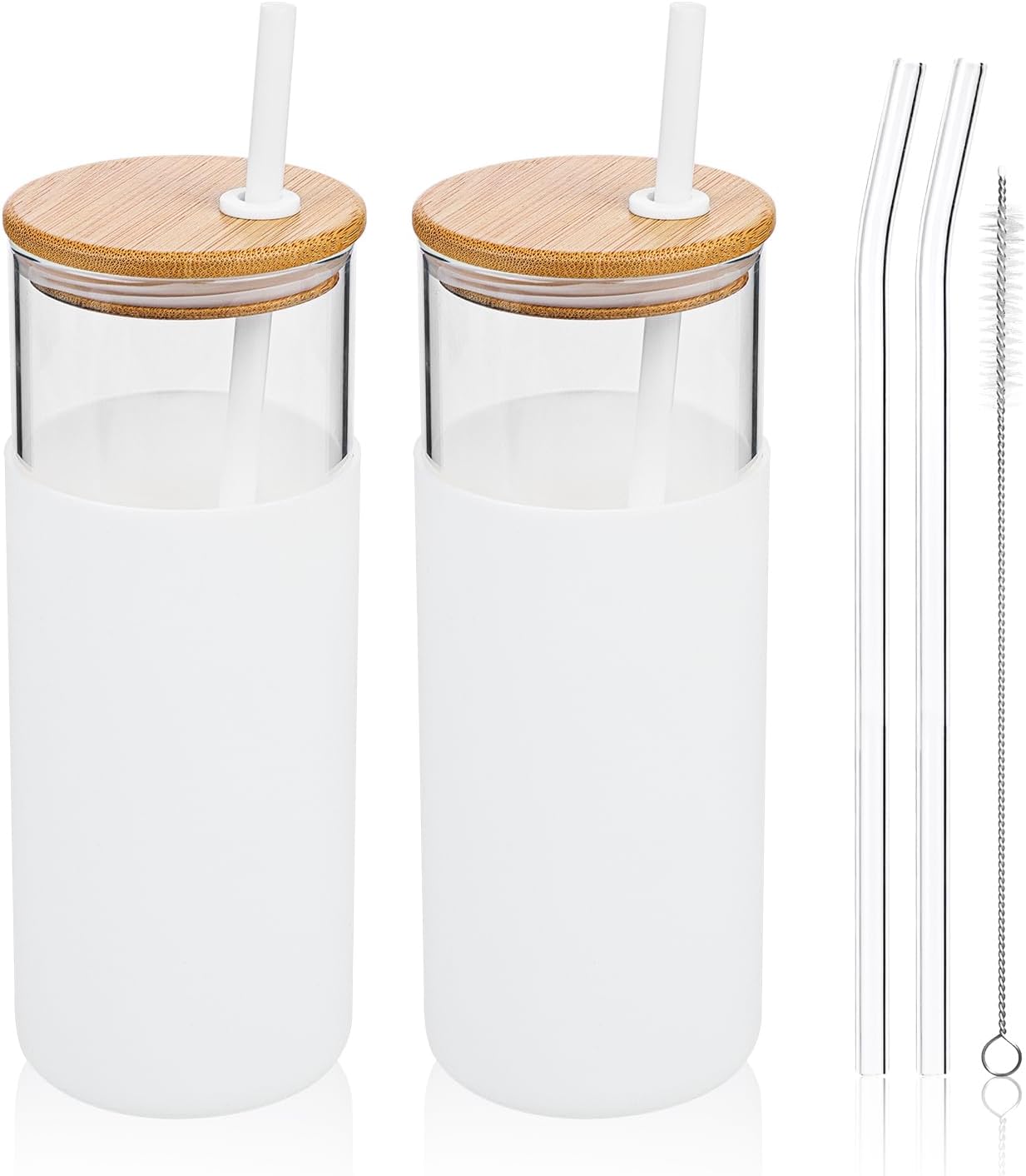 Moretoes Vaso de vidrio de 20 onzas con tapa y popote, botella de agua de vidrio, funda protectora de silicona de bambú, juego de vasos para café y