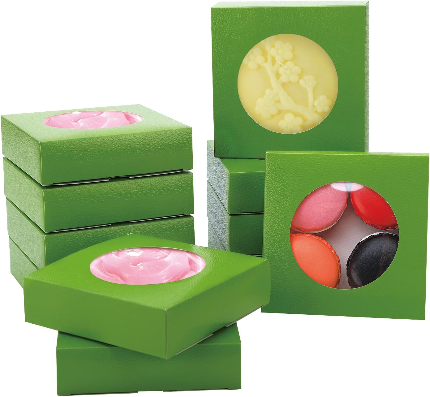 Bssay 60 cajas pequeñas de embalaje de jabón de 4.3 x 4.3 x 1.2 pulgadas, cajas de papel cuadradas blancas con ventana redonda transparente para