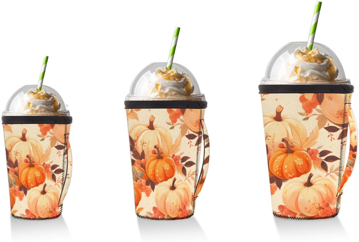 Funda de neopreno reutilizable con asa para café helado de calabaza de Acción de Gracias, para otoño y otoño, para bebidas calientes y frías, 18
