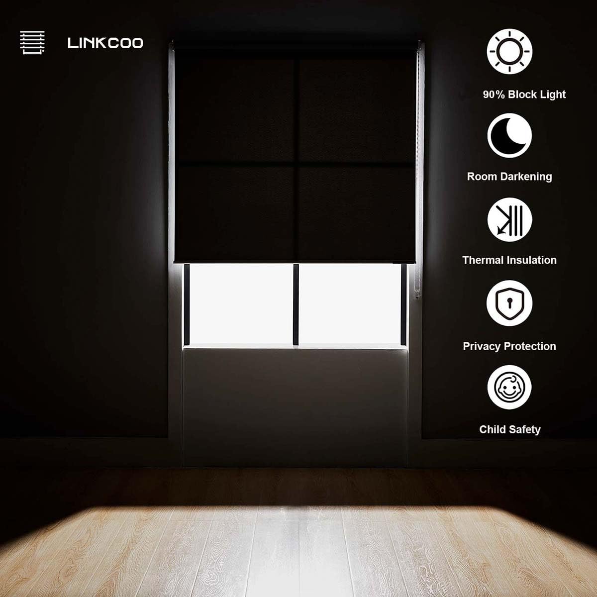 Persianas enrollables 85 % opacas, para oscurecer la habitación, con tela aislante térmica, con cadena, para hogar y oficina (negro, 48 pulgadas de