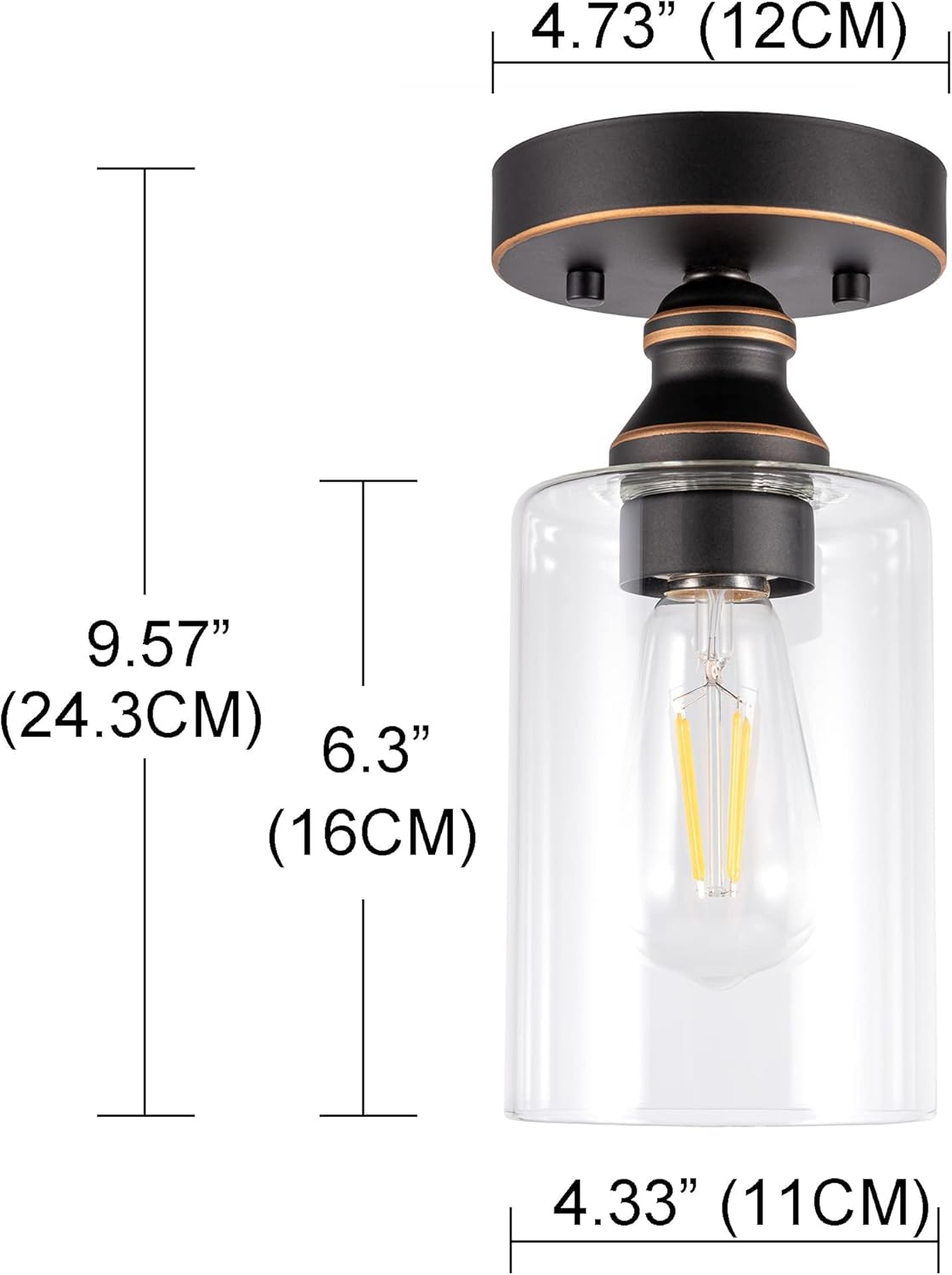 GRUENLICH Lámpara de techo semiempotrada para exteriores e interiores, base mediana E26, carcasa de metal y vidrio transparente, bombilla no