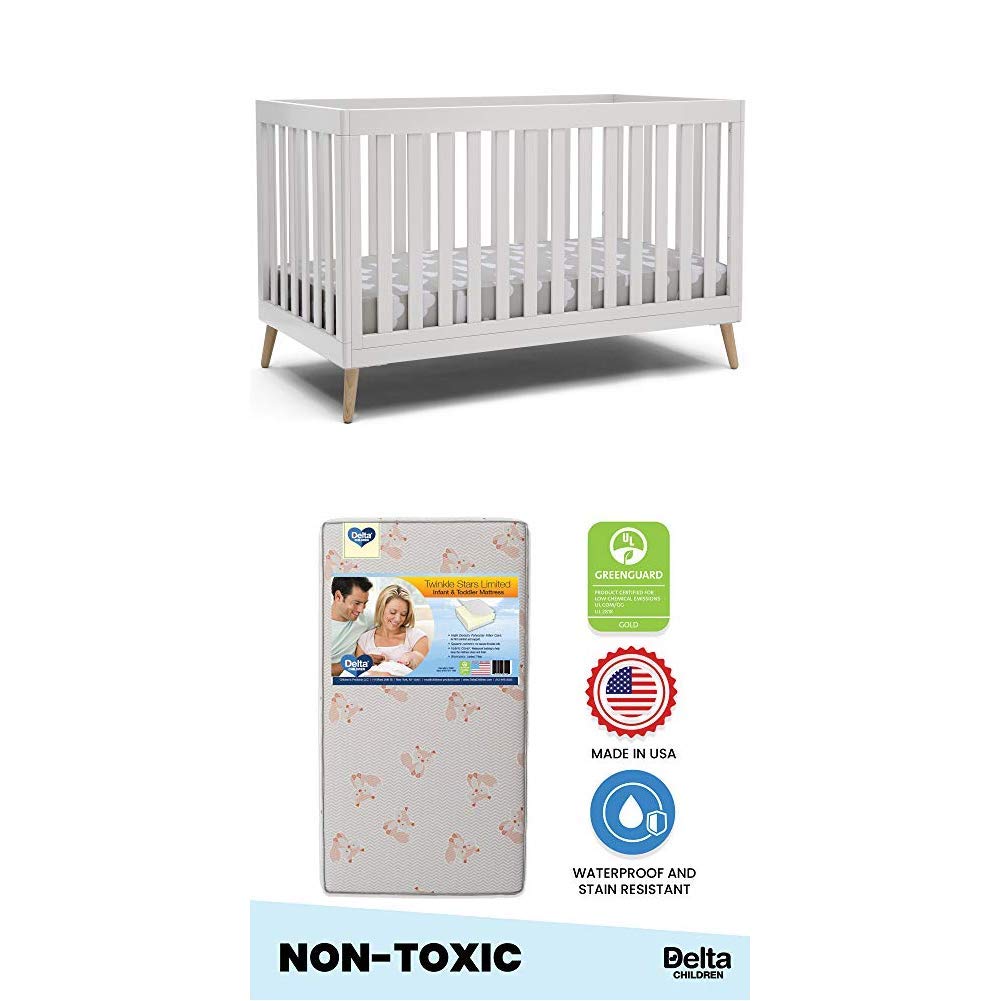 Delta Children Essex – Cuna convertible 4 en 1 para bebé, color blanco bianca con patas naturalesTwinkle Stars Limited Fiber Core cuna y colchón