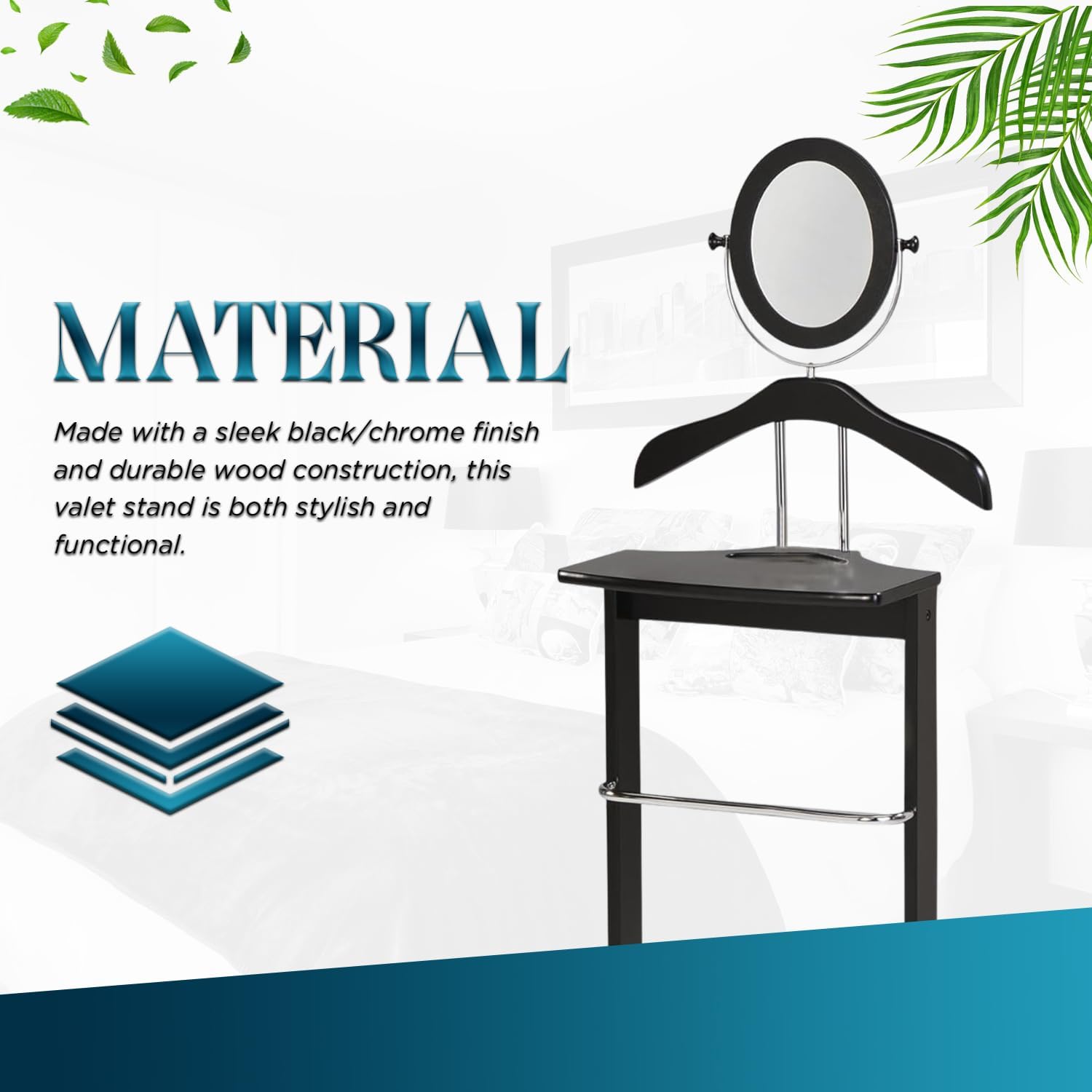 Kings Brand Furniture – Soporte de valet de madera para vestuario, perchero para ropa, corbata, colgador de cinturón y zapatero, negrocromo