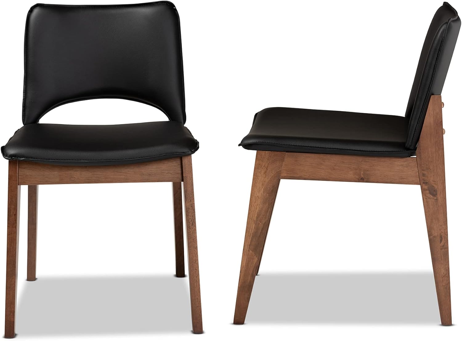 Baxton Studio Afton – Juego de sillas de comedor de 2 piezas tapizadas de piel sintética negra y acabado marrón nogal, juego de sillas de comedor