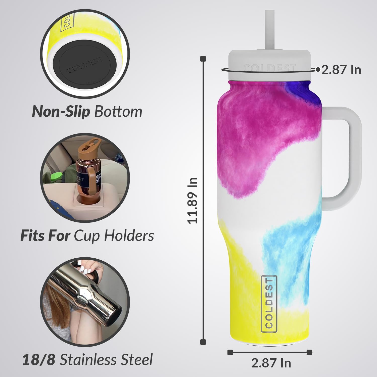 Coldest – Vaso con asa y tapa con pajilla, 3 tapas aisladas, reutilizable, de acero inoxidable, taza de viaje, regalos para mujeres, él y ella,