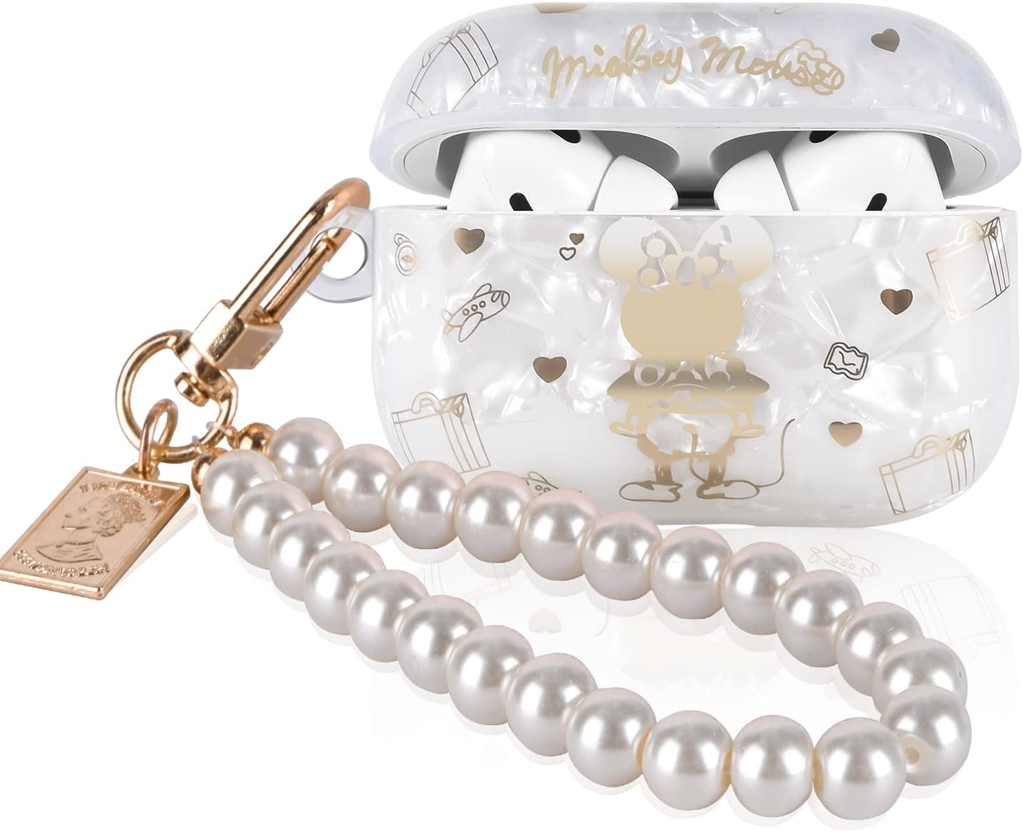 Bonita funda de ratón para AirPod Pro (2 generación) 2022 con llavero de muñeca de perlas para mujeres y niñas, carcasa de mármol brillante con