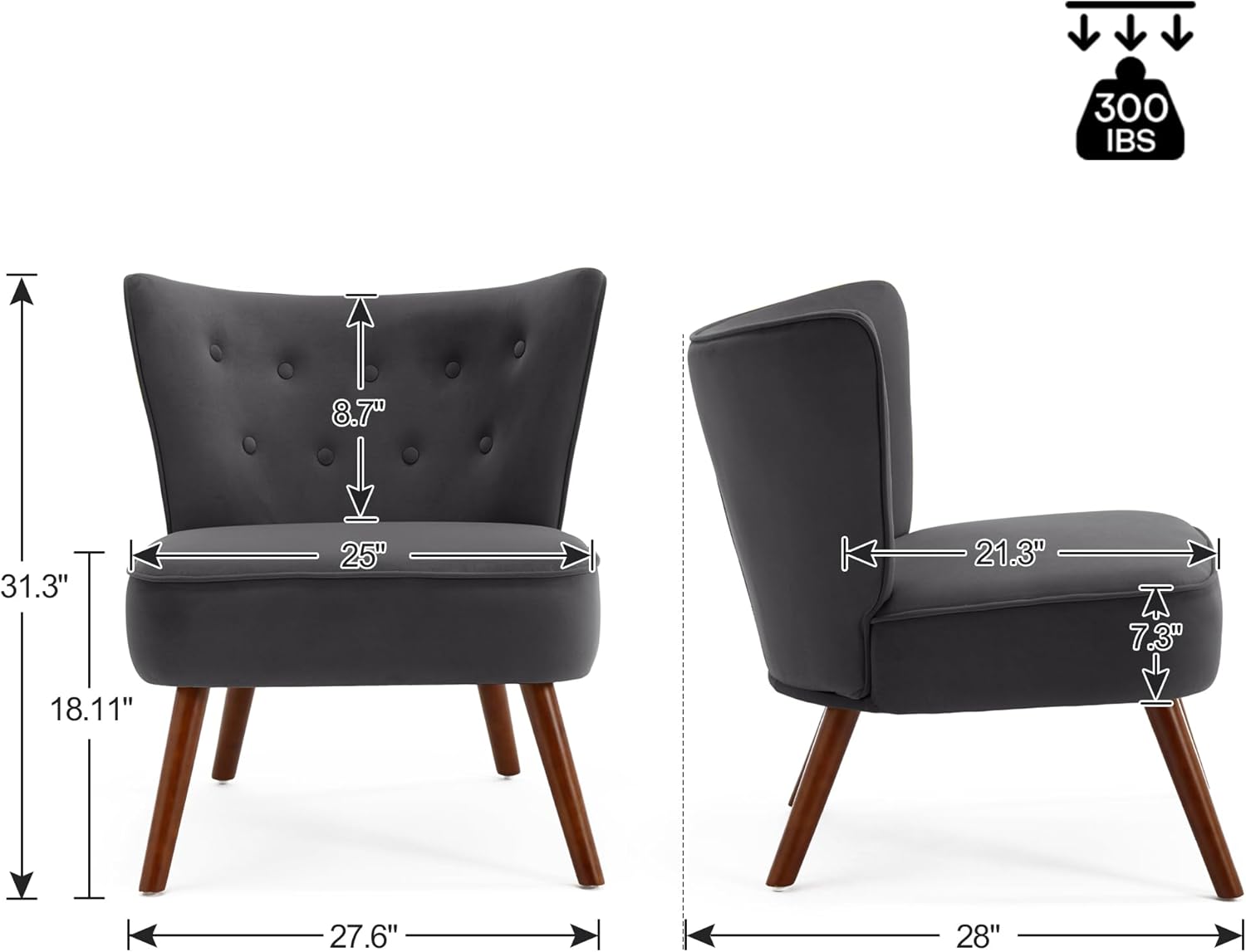 Silla decorativa de terciopelo moderna de mediados de siglo, silla de sala de estar sin brazos con patas de madera, silla de club con respaldo