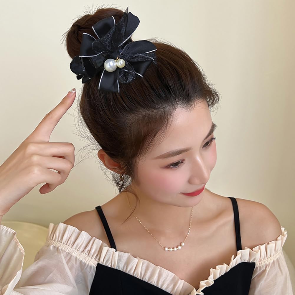4 pinzas para el cabello con lazo y perlas, cinta blanca y negra, con lazo, pinzas para el cabello, accesorios para la cabeza para mujeres y niñas