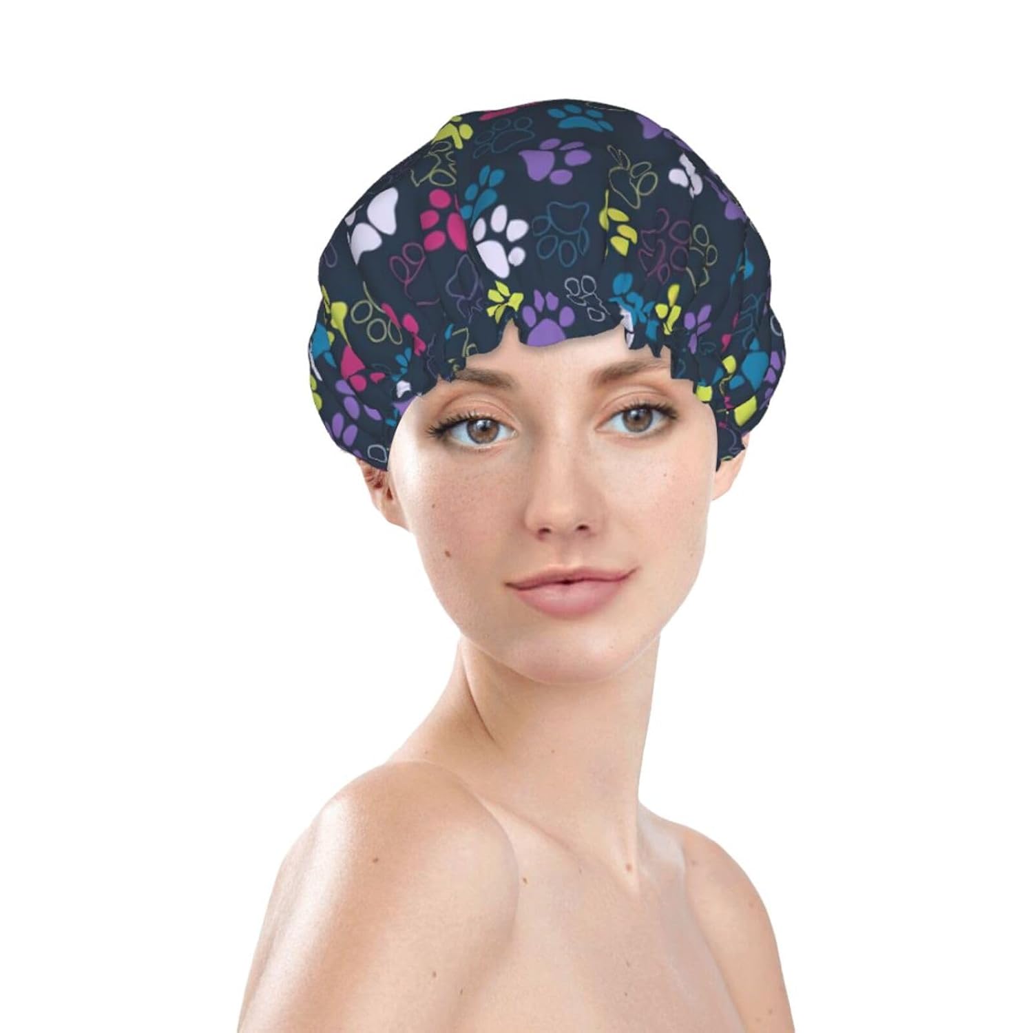 Lindo gorro de ducha con diseño de pata de perro, marco completo, doble capa, impermeable, cómodo, elástico y portátil