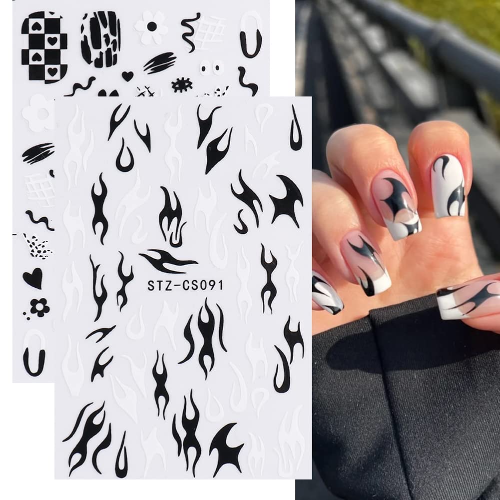 8 hojas de calcomanías divertidas de grafiti, suministros de uñas, calcomanías de uñas autoadhesivas 3D, estrellas, luna, mariposa, rejilla, llama,