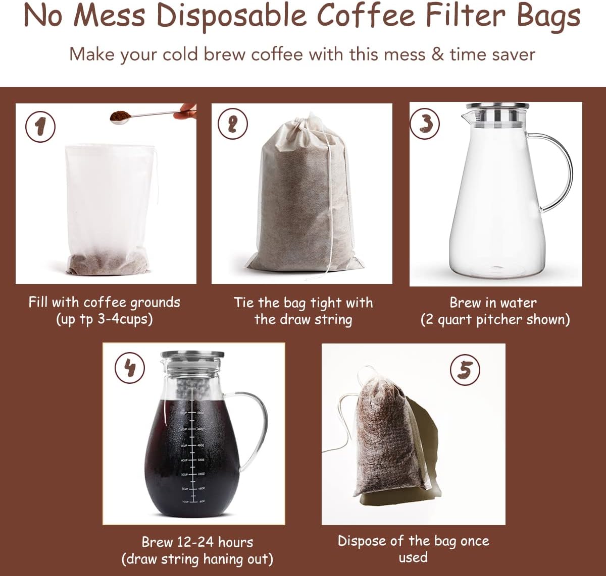 Bolsas de café Cold Brew 60 unidades desechables de malla fina para concentradocafetera helada, kit de prensa francesafría, té caliente en tarro