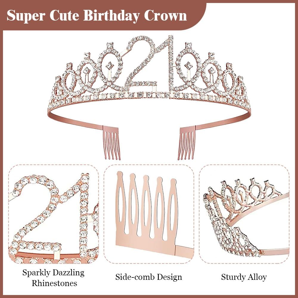 Decoraciones de cumpleaños número 21 para ella, incluye pancarta de letras de globos de feliz cumpleaños, corona y banda de tiara de diamantes de