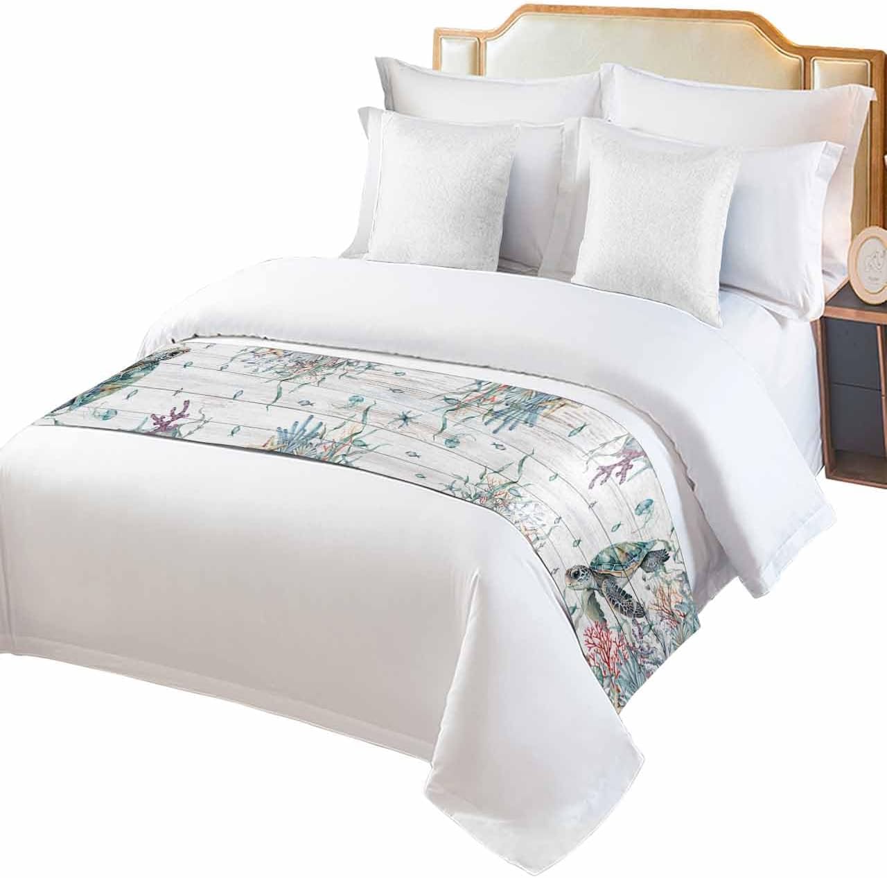 Camino de cama para cama tamaño Queen, manta de tortuga marina para pie de cama, manta vintage de verano para playa, costera costera, coral, océano,