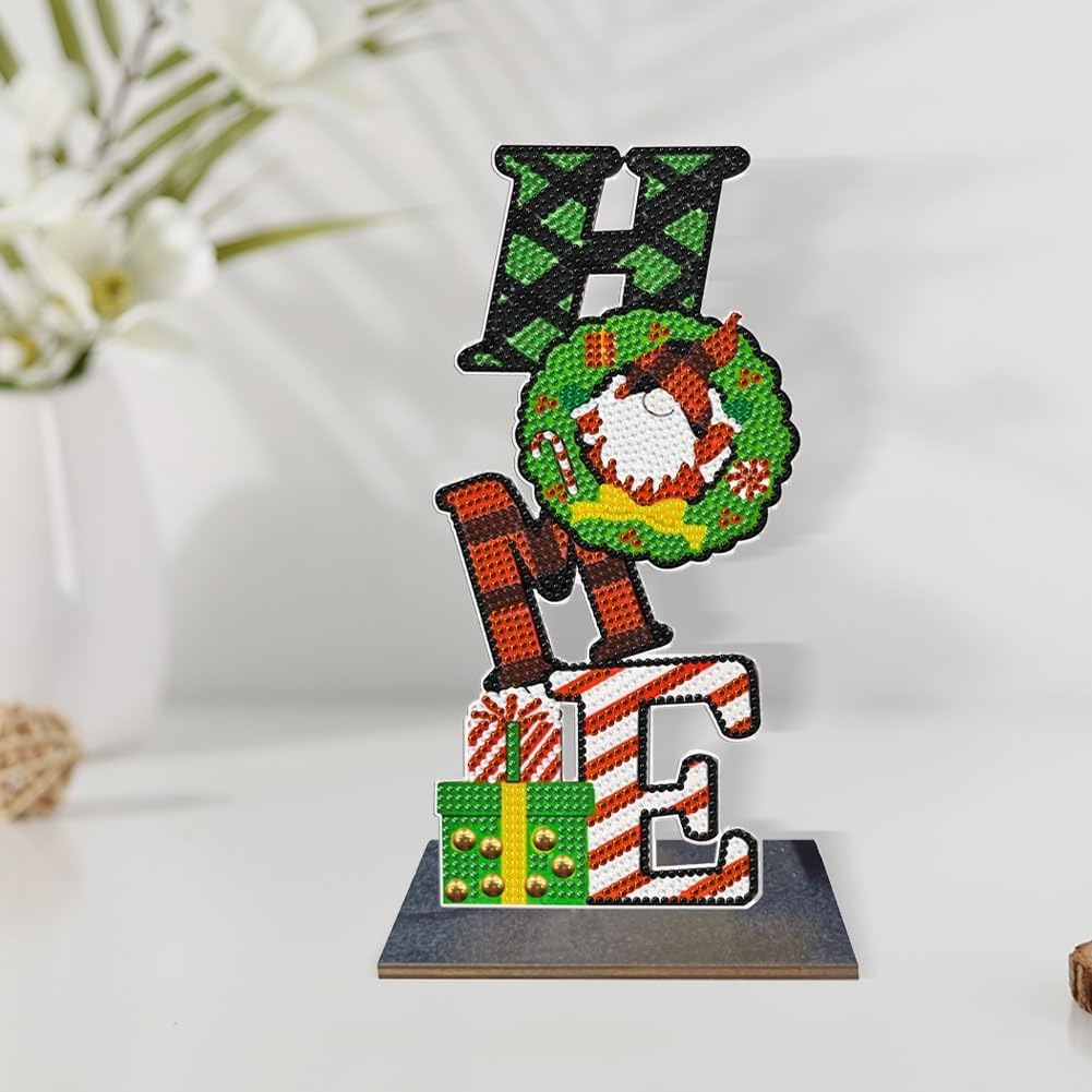 LUSandy Kit de adornos de pintura de diamantes de Navidad 5D con forma especial de cristal de madera para el hogar, adorno de escritorio para Año