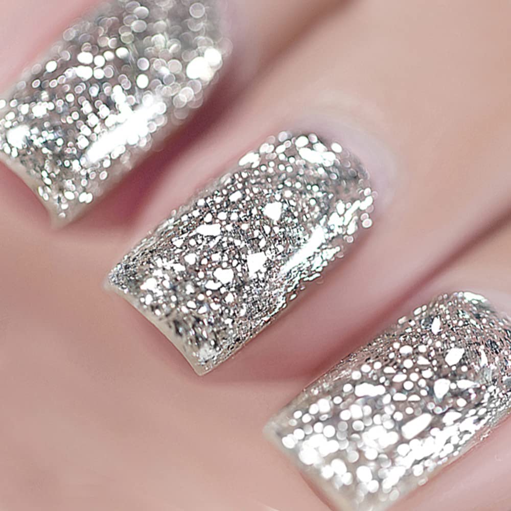 Vishine Esmalte de uñas de gel de 0.5 onzas líquidas, color plateado brillante con purpurina, para remojar los rayos UV LED de larga duración, arte