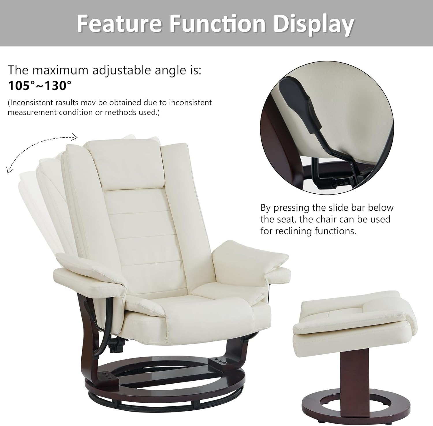 Silla reclinable con otomana giratoria de 360 grados de piel, con reposapiés, silla decorativa de cuero con base de madera para dormitorio, sala de