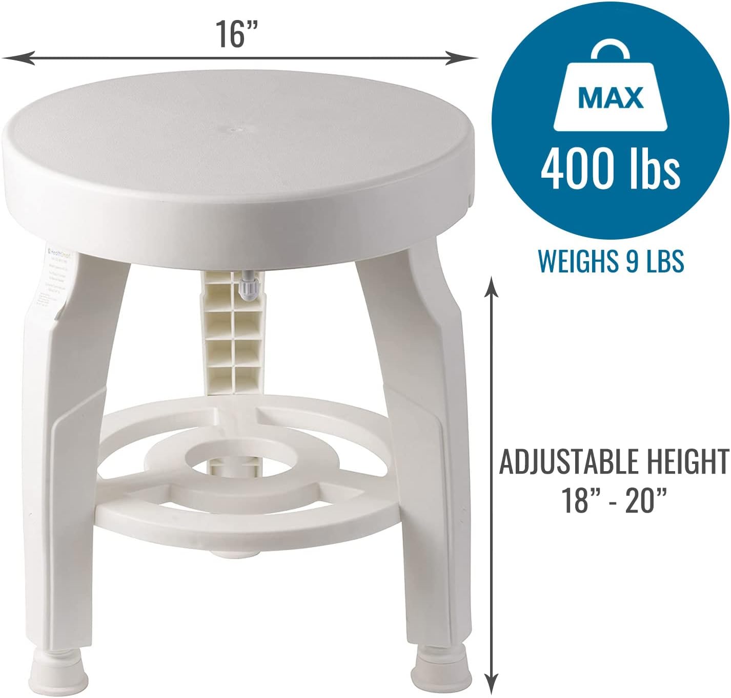 HealthSmart Swivel Shower Stool Seat with Storage Shelf, Rotating Shower Chair for Bathtub, Tool-Free Assembly, White