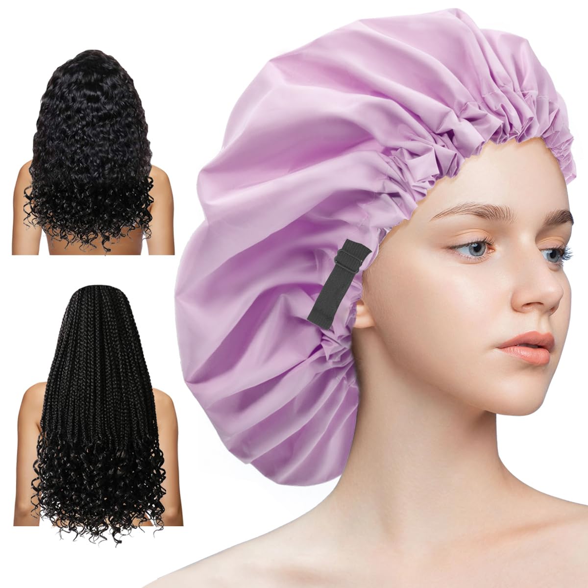 Aquior Gorro de ducha extra ajustable para mujer, de doble capa, impermeable, reutilizable, tamaño grande, para todo tipo de cabello, para niñas,