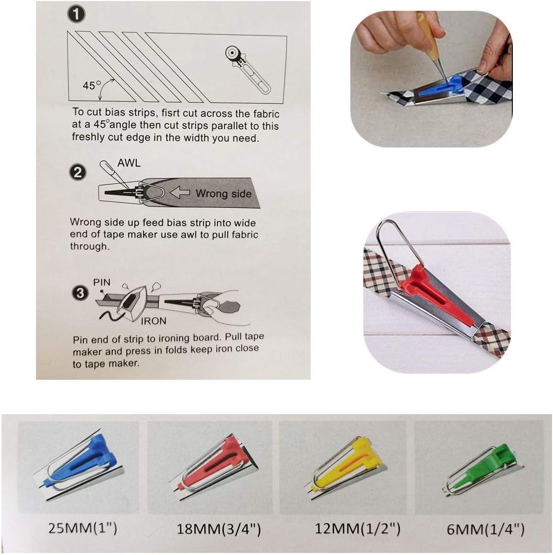 HONEYSEW Kits de cinta al bies para todos los 5 tamaños, 0.236 in, 0.354 in, 0.472 in, 0.709 in, 0.984 in, clips para manualidades, pasador de punzón