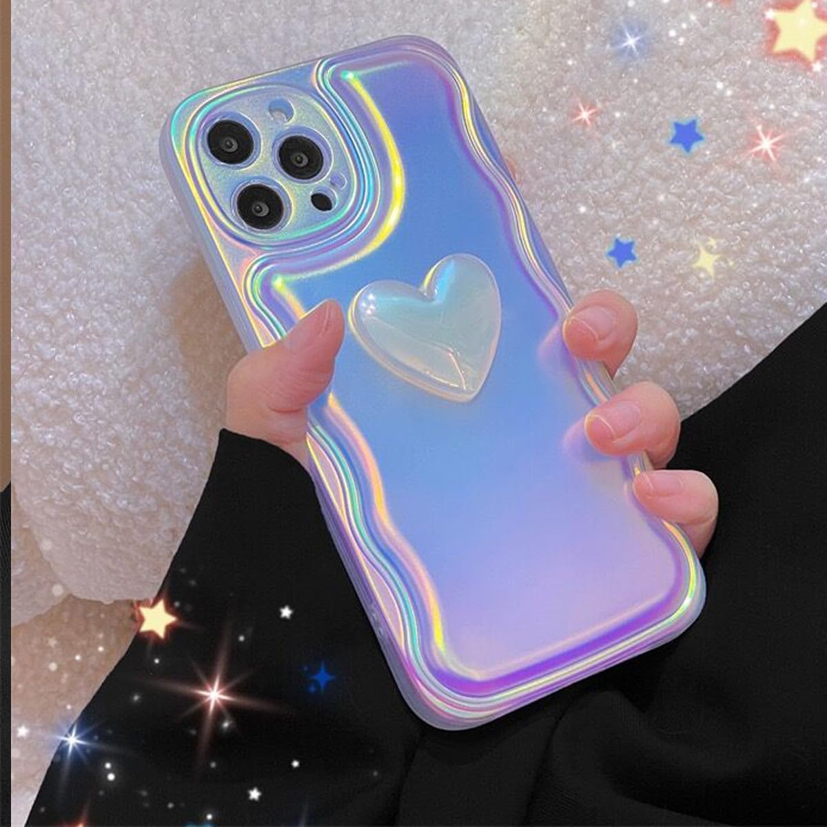 Changjia Funda para iPhone 14 Pro Max para mujer, bonita funda holográfica 3D con diseño de corazón y corazón, brillante, marco de onda de luz a