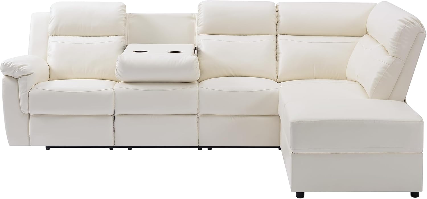 Moderno sofá seccional reclinable manual de piel sintética, 2 portavasos y otomana Sorage, esquina en forma de L de poliuretano 5 sofás para sala de