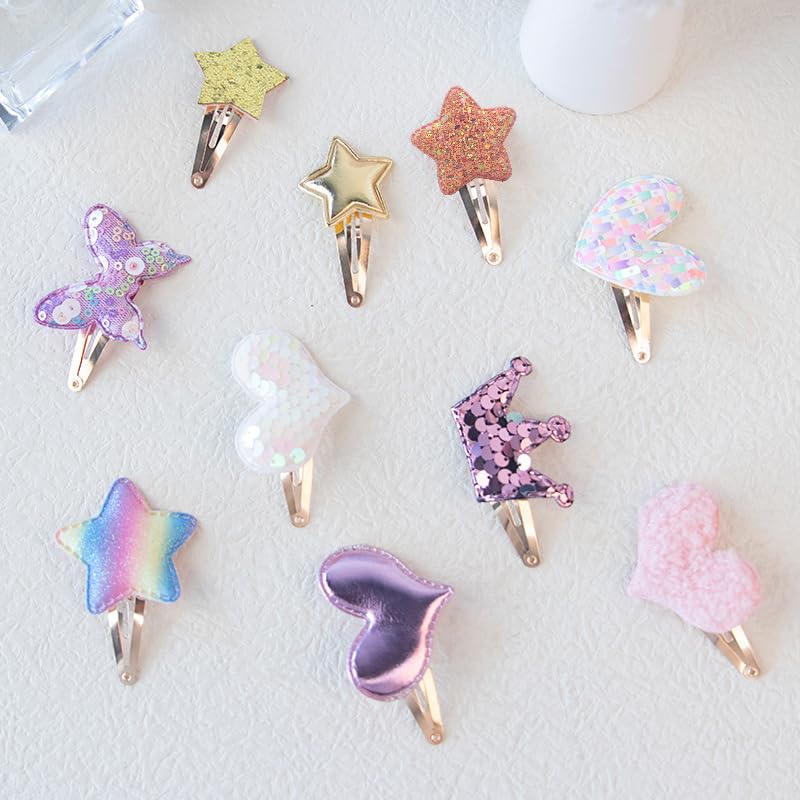 Paquete de 2010 pares de pinzas para el cabello para niñas, corona de estrella, corazón, mariposa, pasadores de pelo para niños, clip de lentejuelas