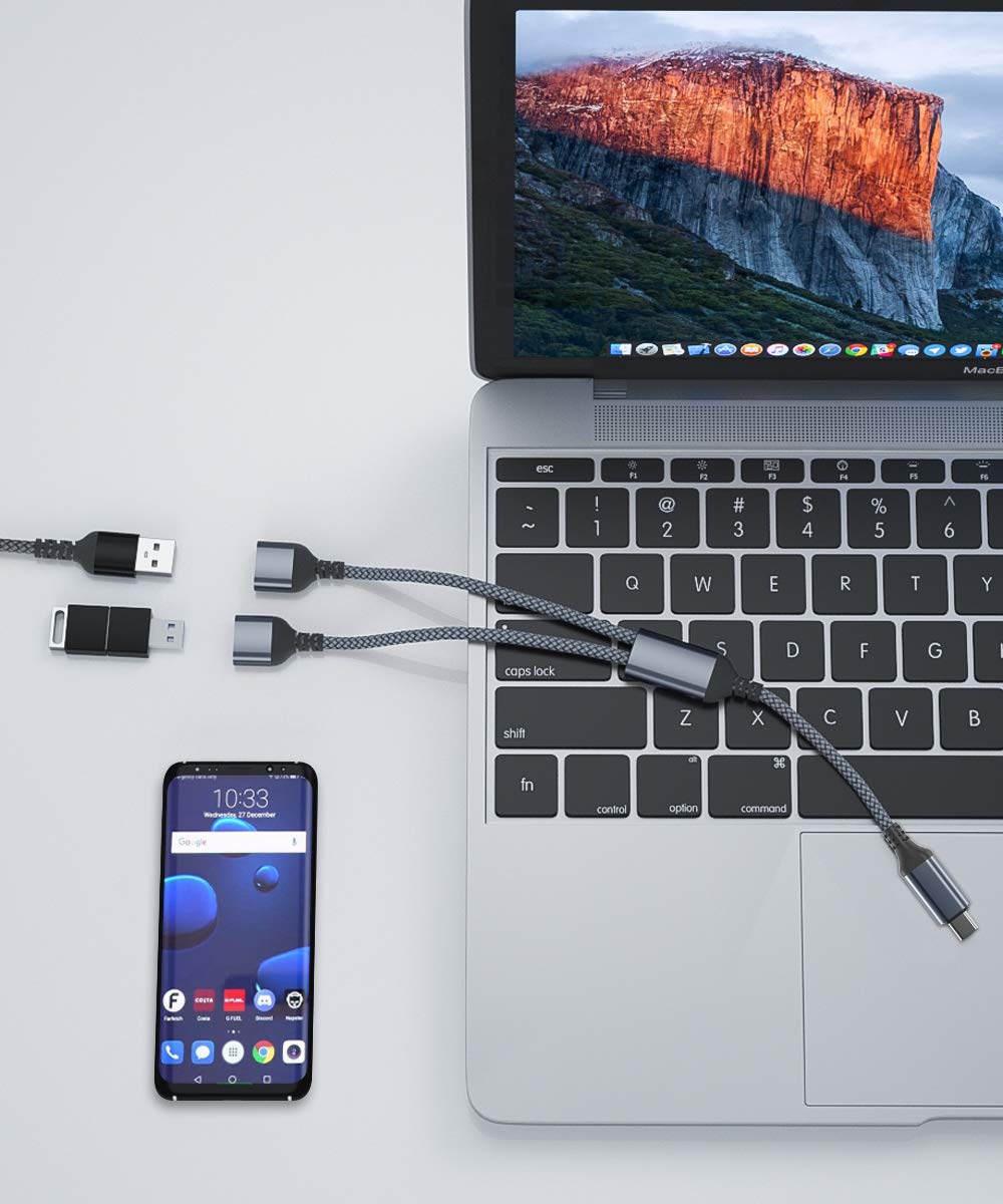 Cable divisor USB-C OTG Y de 3.3 ft, adaptador tipo C a USB 2.0 dual, C macho a doble hembra convertidor dividido 2 en 1 cable para MacBook, iPad 10