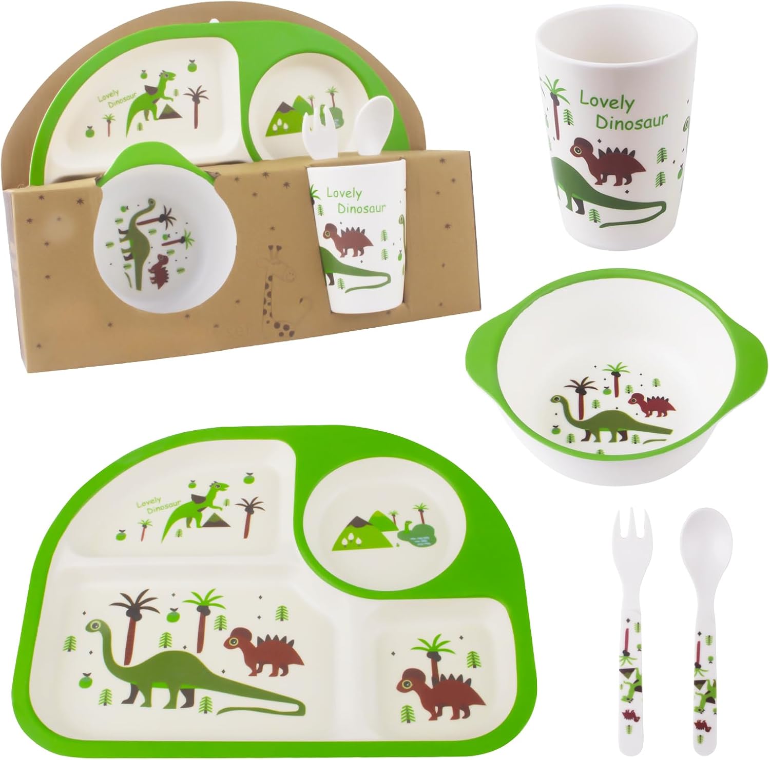 Juego de 5 piezas de vajilla para niños pequeños, incluye plato, tazón, tenedor y cuchara, cubiertos para niños, apto para lavavajillas, sin BPA