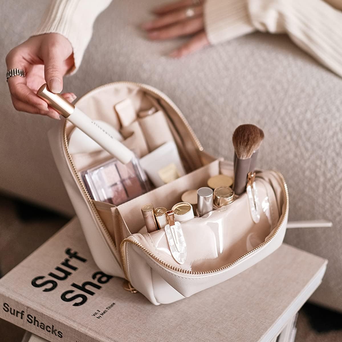 Bolsa de maquillaje para mujer con bolsa de cosméticos de gran capacidad y bolsa de almacenamiento de cosméticos de doble capa con compartimento