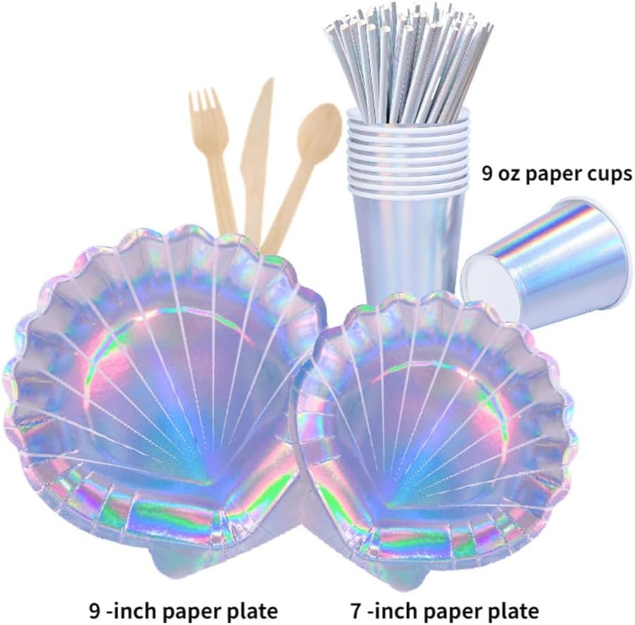 Vasos de papel de conchas marinas, suministros de fiesta de sirena, vajilla desechable con purpurina iridiscente del mundo oceánico para bodas,