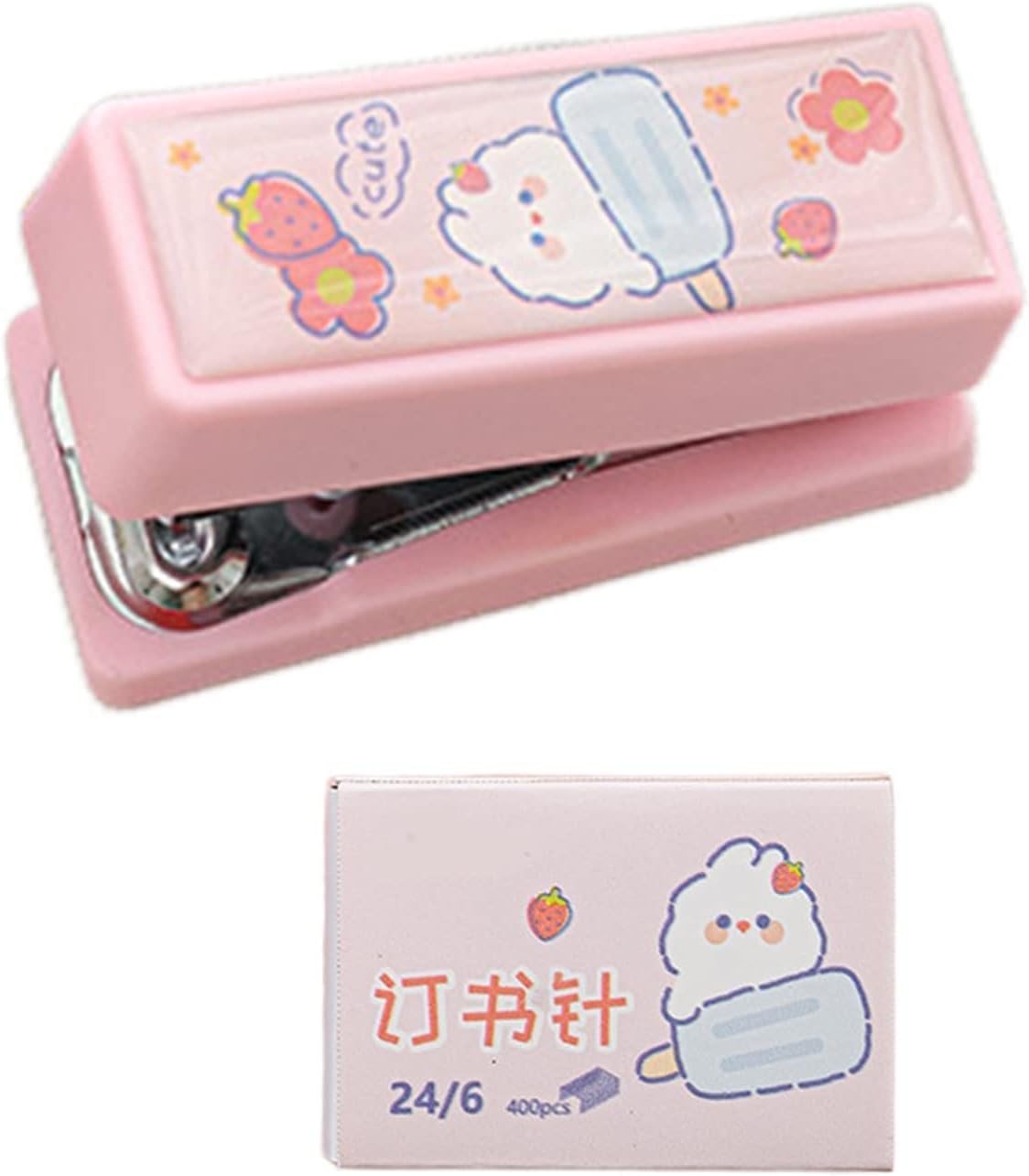 1 juego de mini grapas rosa con grapas No.12, lindo patrón de conejo, removedor de grapas, máquina de encuadernación para clips de papel, grapadoras