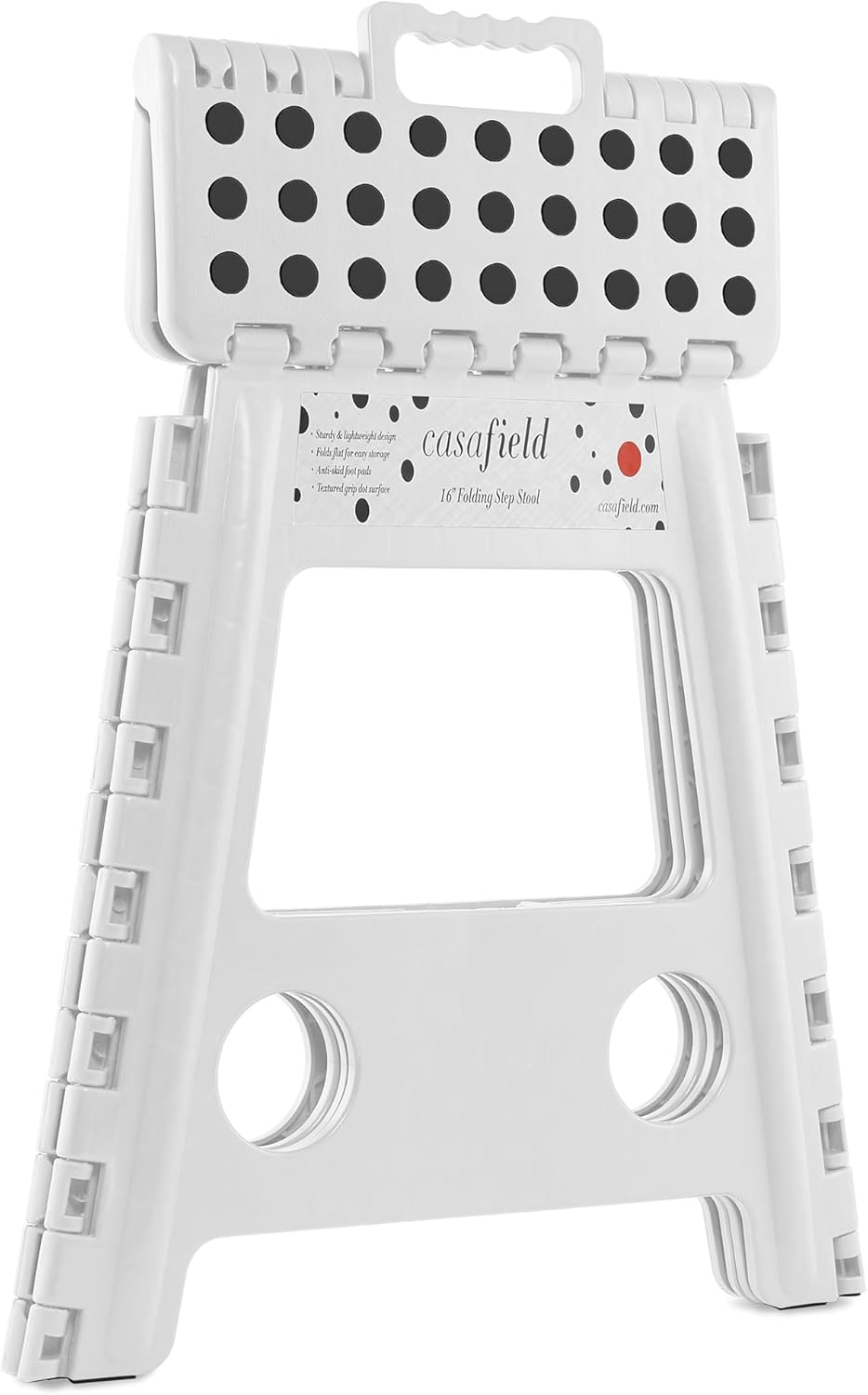 Casafield Taburete plegable de 16 pulgadas con asa, blanco, portátil, plegable, pequeño taburete de plástico para adultos, uso en la cocina, baño y