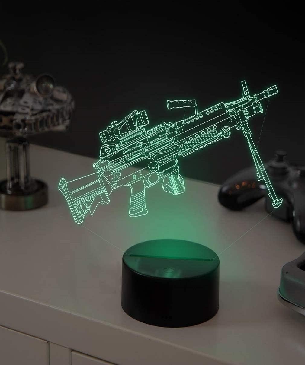 Ametralladora 3D con control remoto de 16 colores, luces nocturnas ilusión de acrílico LED lámpara de mesita de noche para niños, decoración de