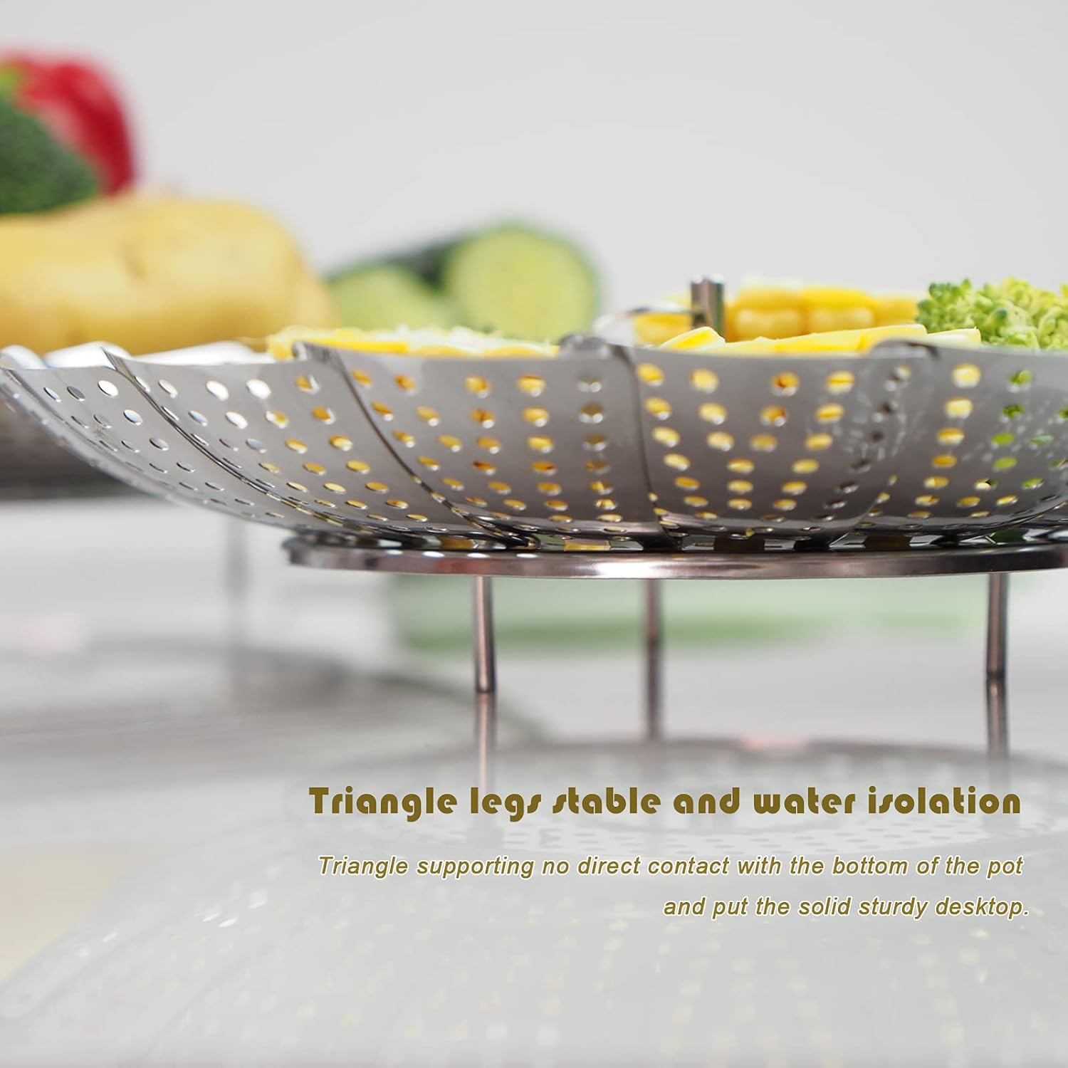 Cesta de vapor, utensilios de cocina plegables de acero inoxidable, tamaños ajustables para adaptarse a varias ollas (5.1 a 9 pulgadas)