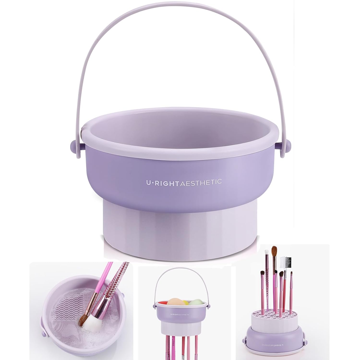 Tapete de limpieza de cepillos 3 en 1 con soporte para secador de cepillo, tapete limpiador de brochas de maquillaje de silicona, cuenco de limpieza